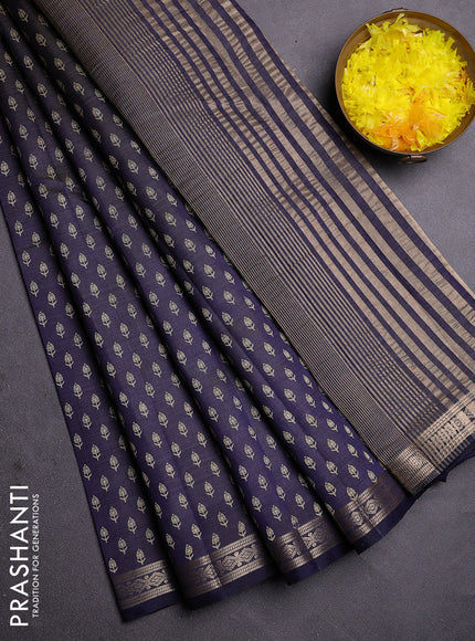 Semi raw silk saree navy blue with allover butta prints and zari woven border