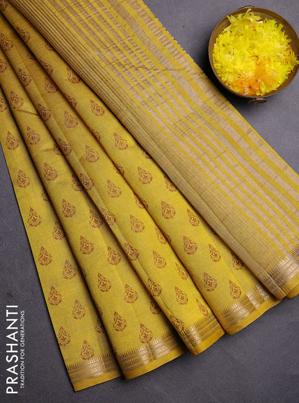 Semi raw silk saree lime yellow with allover butta prints and zari woven border