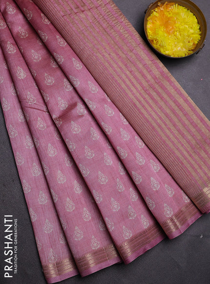 Semi raw silk saree mauve pink with allover butta prints and zari woven border