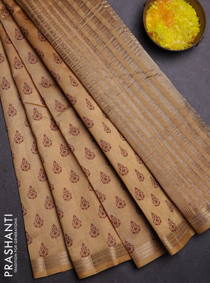 Semi raw silk saree sandal with allover butta prints and zari woven border