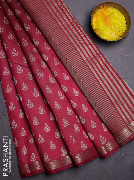 Semi raw silk saree deep maroon with allover butta prints and zari woven border