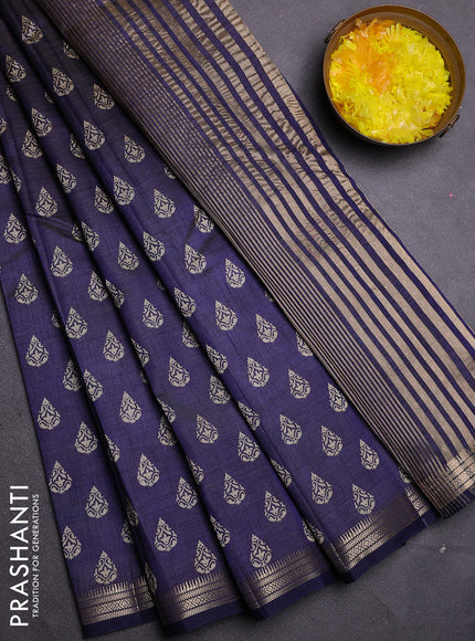 Semi raw silk saree navy blue with allover butta prints and zari woven border