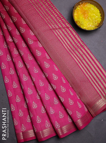 Semi raw silk saree dark pink with allover butta prints and zari woven border