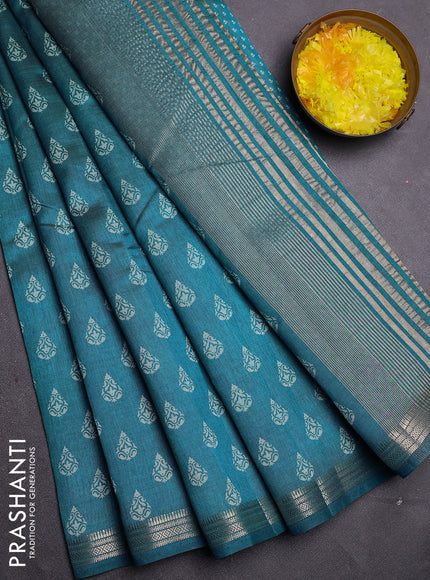 Semi raw silk saree cs blue with allover butta prints and zari woven border