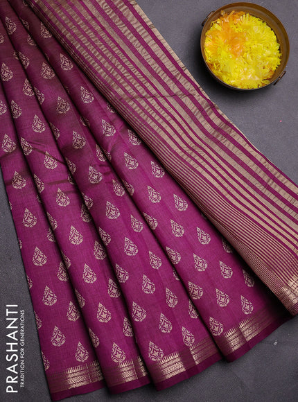 Semi raw silk saree deep purple with allover butta prints and zari woven border