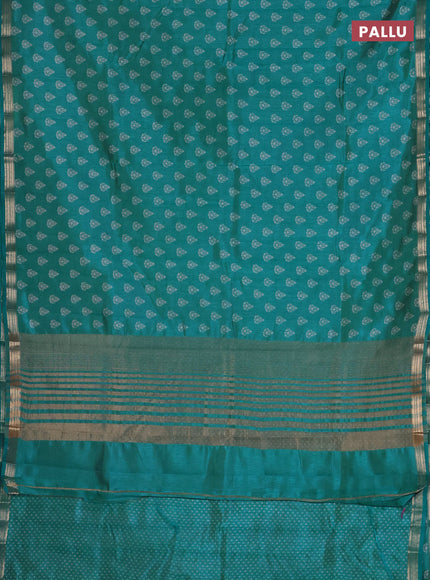 Semi raw silk saree teal blue with allover butta prints and zari woven border