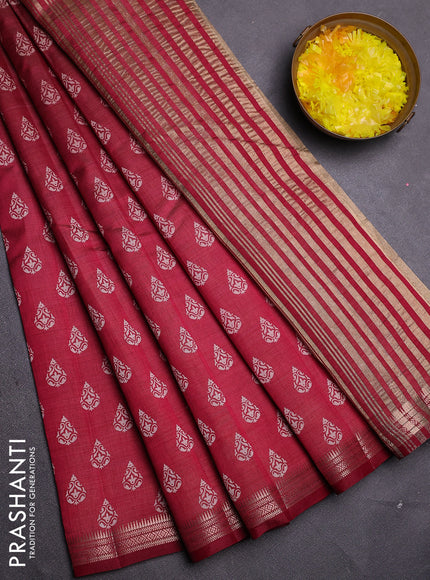 Semi raw silk saree maroon with allover butta prints and zari woven border