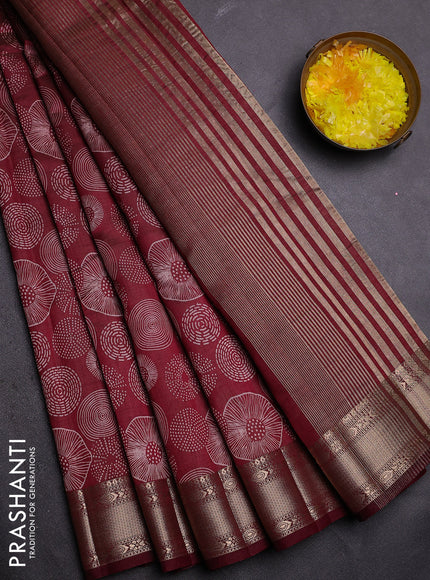 Semi raw silk saree deep maroon with allover geometric prints and zari woven border