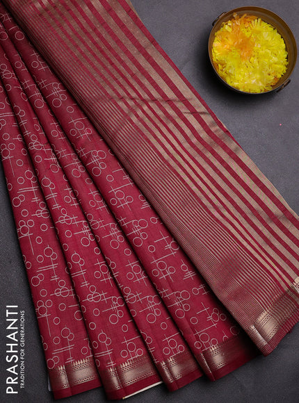 Semi raw silk saree deep maroon with allover geometric prints and zari woven border