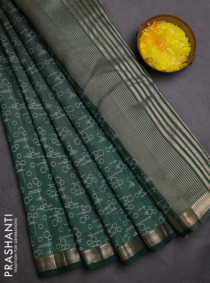 Semi raw silk saree bottle green with allover geometric prints and zari woven border