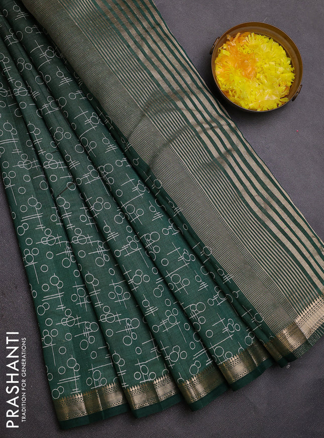 Semi raw silk saree bottle green with allover geometric prints and zari woven border