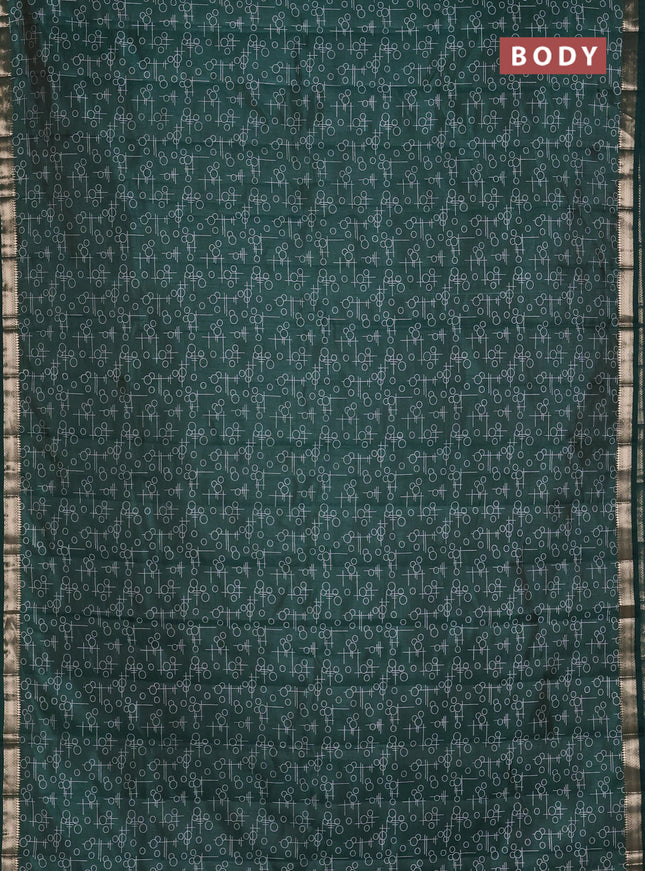 Semi raw silk saree bottle green with allover geometric prints and zari woven border