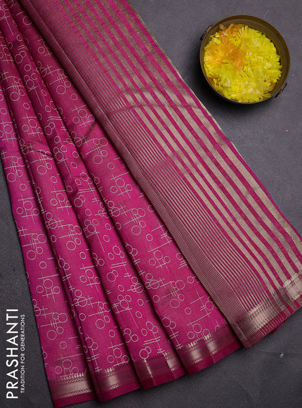 Semi raw silk saree dark pink with allover geometric prints and zari woven border