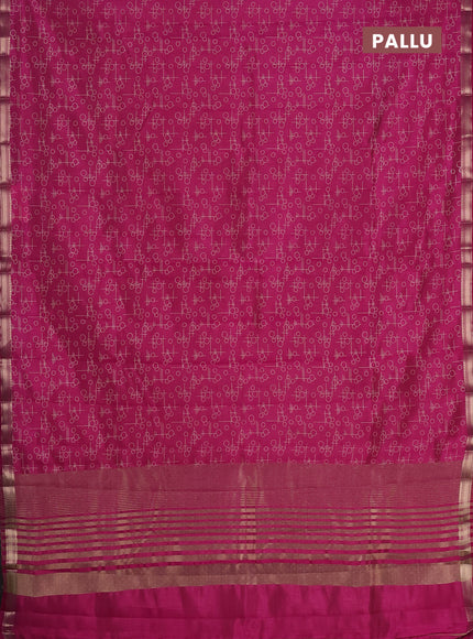Semi raw silk saree dark pink with allover geometric prints and zari woven border