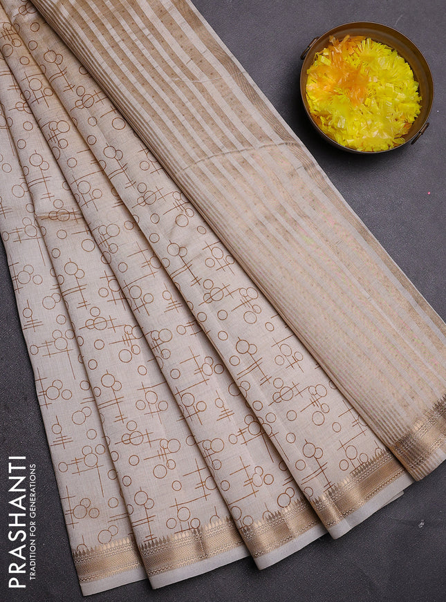 Semi raw silk saree cream with allover geometric prints and zari woven border