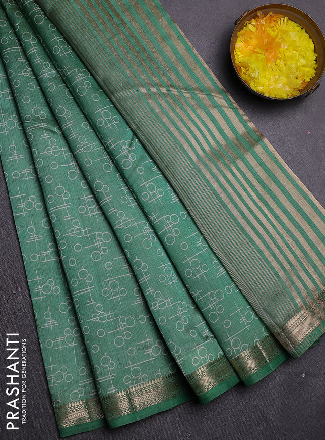 Semi raw silk saree green shade with allover geometric prints and zari woven border