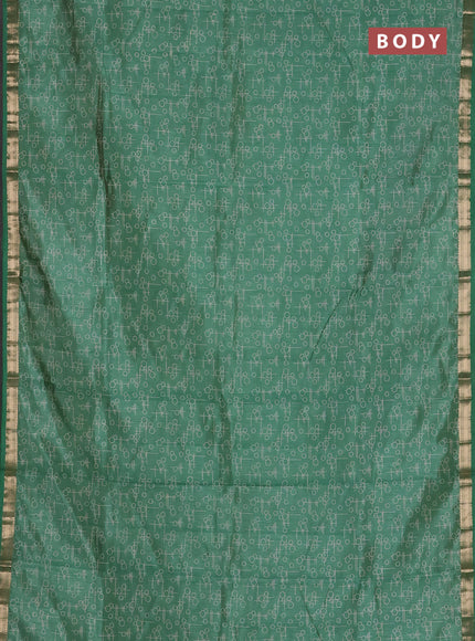 Semi raw silk saree green shade with allover geometric prints and zari woven border
