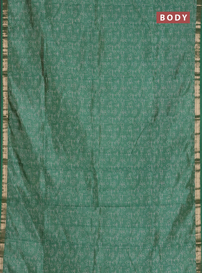 Semi raw silk saree green shade with allover geometric prints and zari woven border