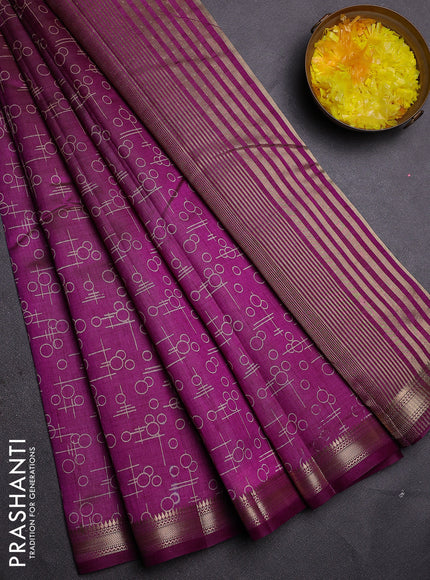 Semi raw silk saree deep purple with allover geometric prints and zari woven border