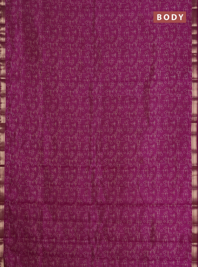 Semi raw silk saree deep purple with allover geometric prints and zari woven border
