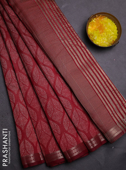 Semi raw silk saree deep maroon with allover geometric prints and zari woven border