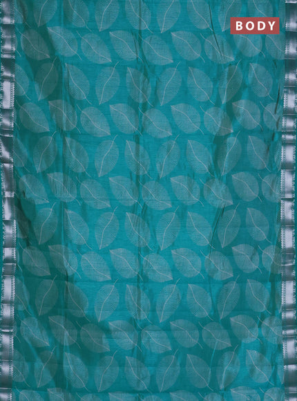 Semi raw silk saree teal blue with allover leaf butta prints and zari woven border
