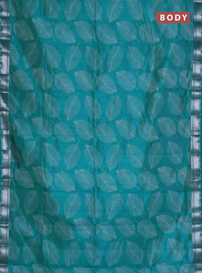 Semi raw silk saree teal blue with allover leaf butta prints and zari woven border