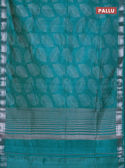 Semi raw silk saree teal blue with allover leaf butta prints and zari woven border