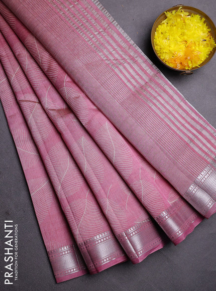 Semi raw silk saree mauve pink with allover leaf butta prints and zari woven border