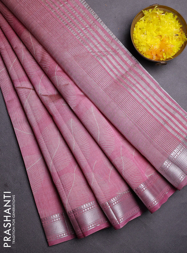 Semi raw silk saree mauve pink with allover leaf butta prints and zari woven border