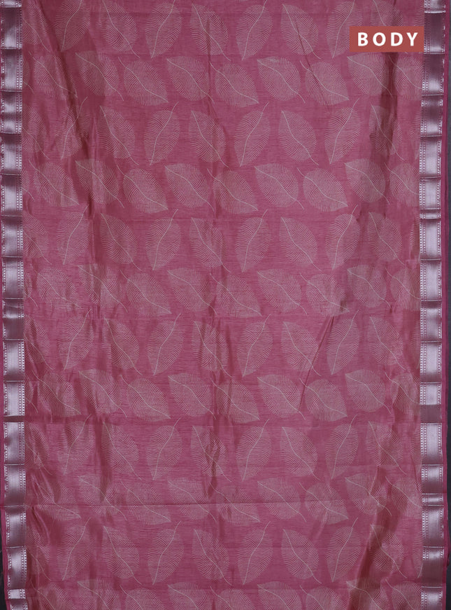 Semi raw silk saree mauve pink with allover leaf butta prints and zari woven border