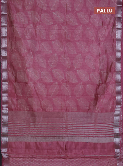 Semi raw silk saree mauve pink with allover leaf butta prints and zari woven border