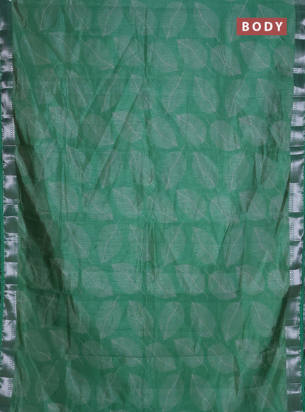 Semi raw silk saree green shade with allover leaf butta prints and zari woven border