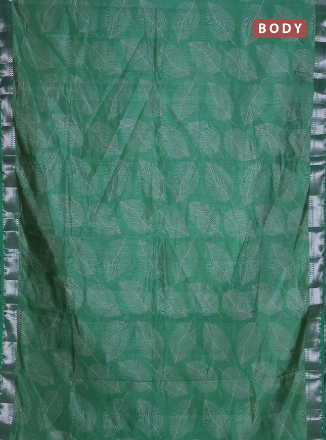 Semi raw silk saree green shade with allover leaf butta prints and zari woven border