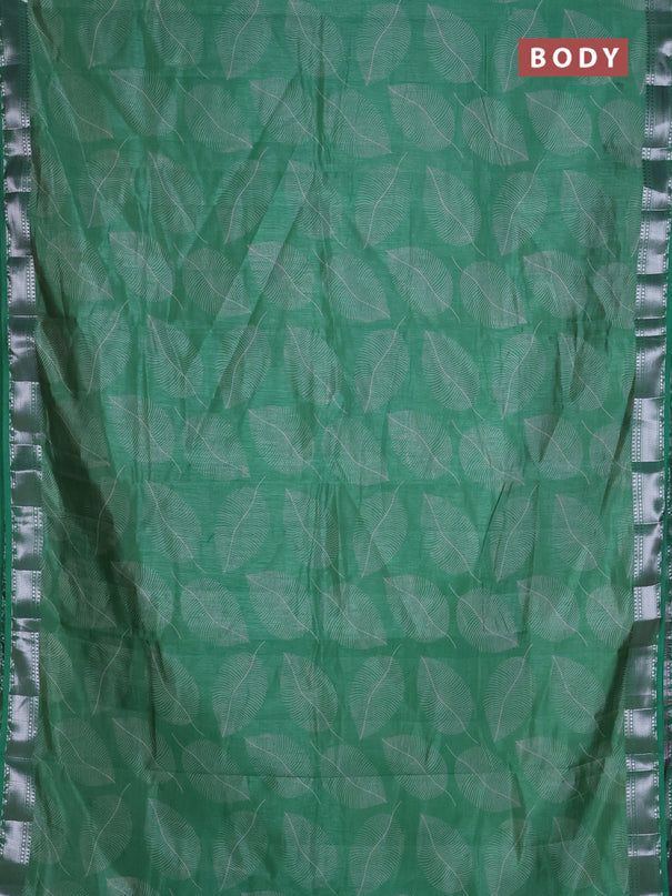 Semi raw silk saree green shade with allover leaf butta prints and zari woven border