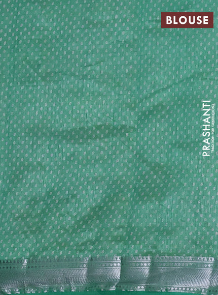Semi raw silk saree green shade with allover leaf butta prints and zari woven border