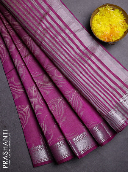 Semi raw silk saree deep purple with allover leaf butta prints and zari woven border