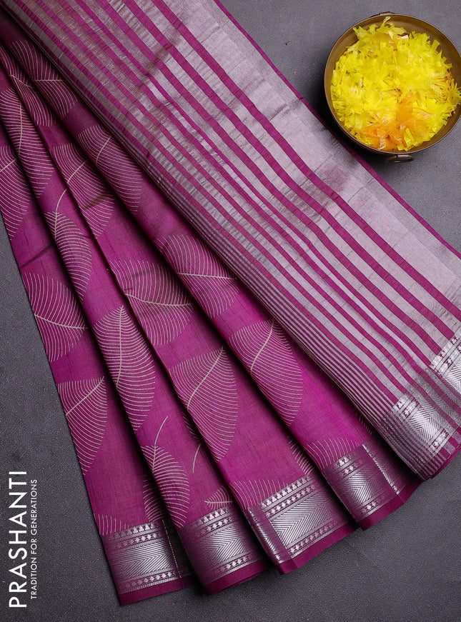 Semi raw silk saree deep purple with allover leaf butta prints and zari woven border