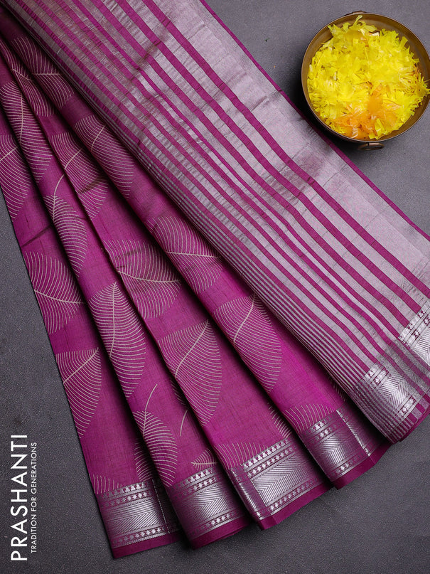 Semi raw silk saree deep purple with allover leaf butta prints and zari woven border