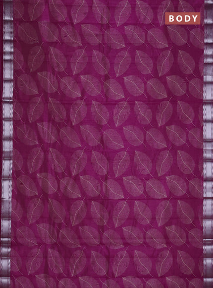 Semi raw silk saree deep purple with allover leaf butta prints and zari woven border