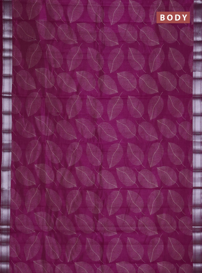 Semi raw silk saree deep purple with allover leaf butta prints and zari woven border