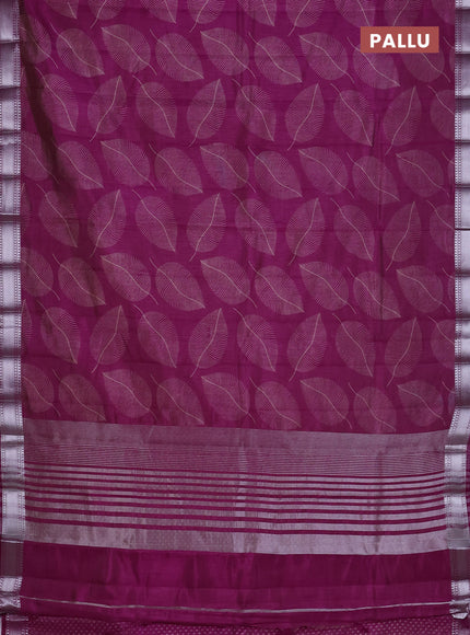 Semi raw silk saree deep purple with allover leaf butta prints and zari woven border