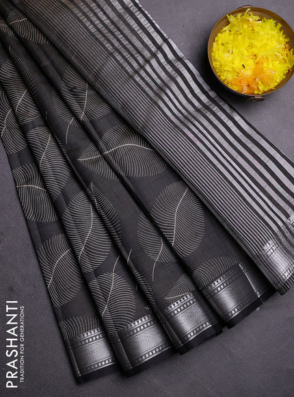 Semi raw silk saree black with allover leaf butta prints and zari woven border