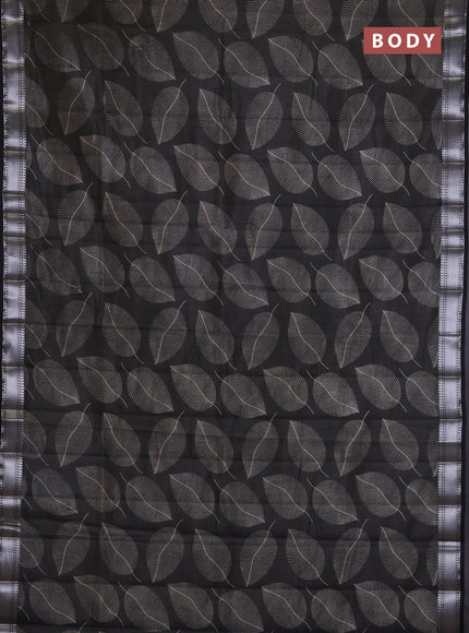 Semi raw silk saree black with allover leaf butta prints and zari woven border