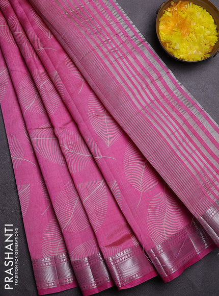 Semi raw silk saree pink with allover leaf butta prints and zari woven border