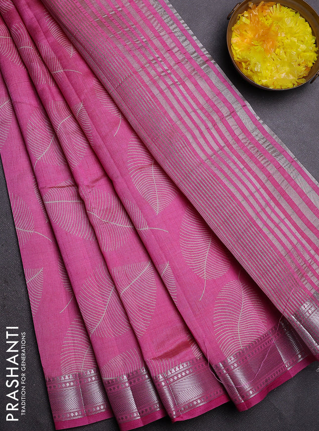 Semi raw silk saree pink with allover leaf butta prints and zari woven border