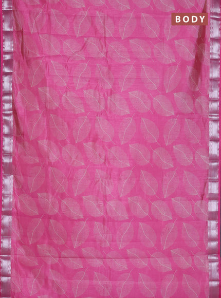 Semi raw silk saree pink with allover leaf butta prints and zari woven border