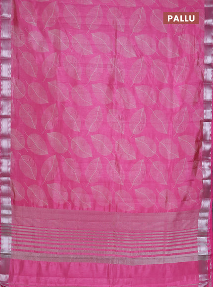 Semi raw silk saree pink with allover leaf butta prints and zari woven border