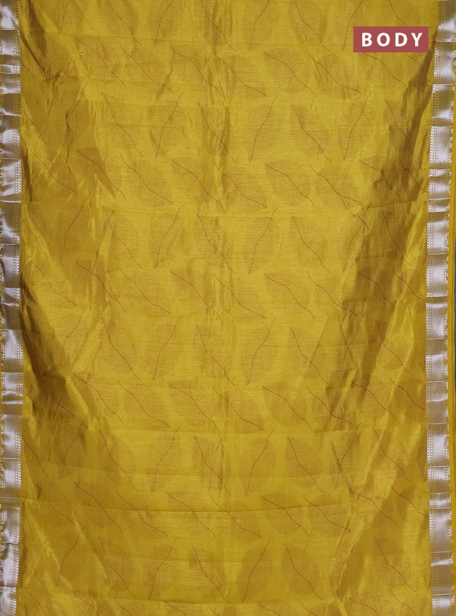 Semi raw silk saree mustard yellow with allover leaf butta prints and zari woven border