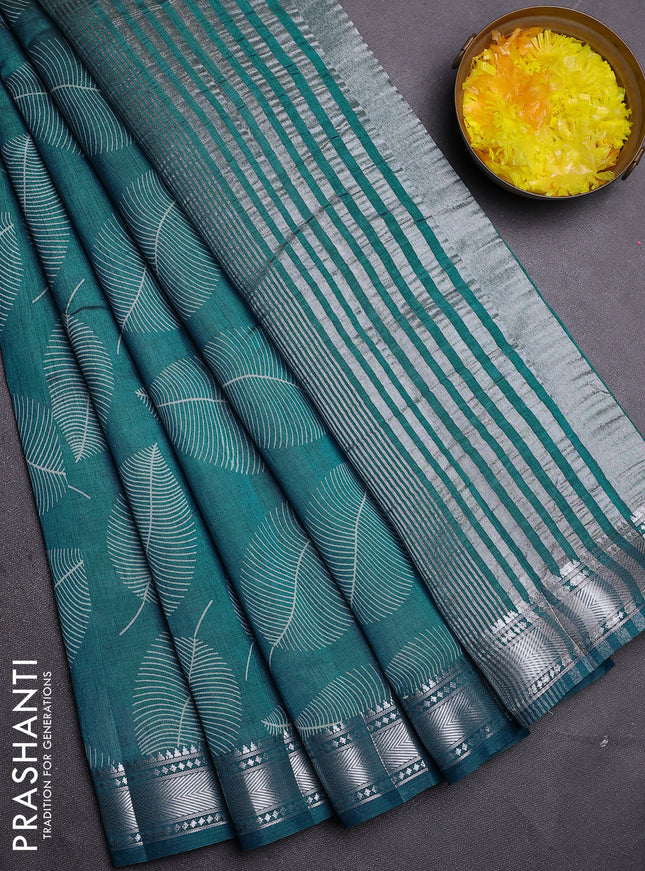 Semi raw silk saree cs blue with allover leaf butta prints and zari woven border